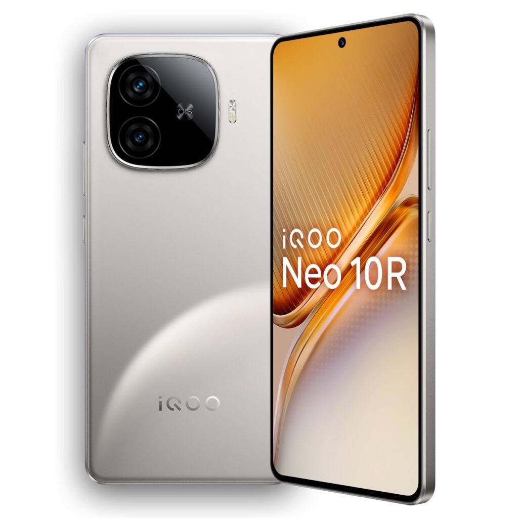 iQOO Neo 10R 5G smartphone in Moonknight Titanium, featuring a 50MP Dual Rear Camera and 32MP front camera.