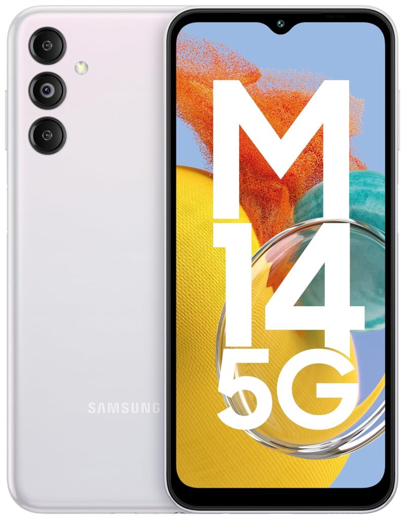 Samsung Galaxy M14 5G ICY Silver 6GB RAM, 128GB Storage 50MP, 2MP, 2MP Triple Rear Camera 13MP Front Camera Smartphone Under Rs 15,000