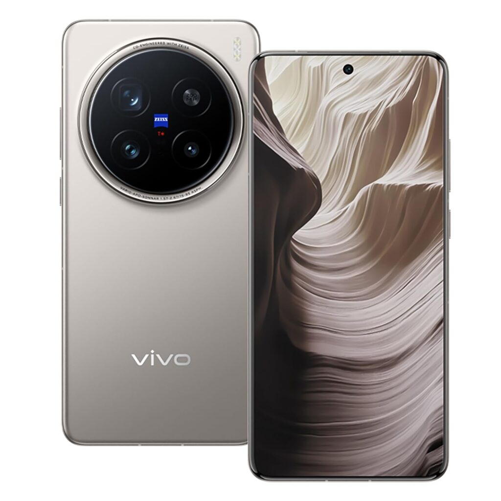 Vivo X200 Pro 5G smartphone in Titanium Grey, featuring a 200MP triple rear camera setup, 32MP front camera, 16GB RAM, 512GB storage, and 6,000 mAh battery.