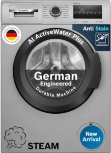 Silver Bosch washing machine featuring AI ActiveWater Plus, steam function, and anti-stain technology, labeled as "German Engineered."