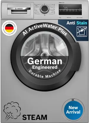 Silver Bosch washing machine featuring AI ActiveWater Plus, steam function, and anti-stain technology, labeled as "German Engineered."