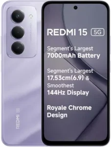 Purple Redmi 15 5G smartphone featuring claims of largest 7000mAh battery, 17.53cm (6.9") 144Hz display. Showcases Royale Chrome design